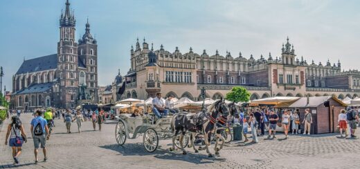 Vistas a la Plaza Mayor en Cracovia con las carocas de caballos