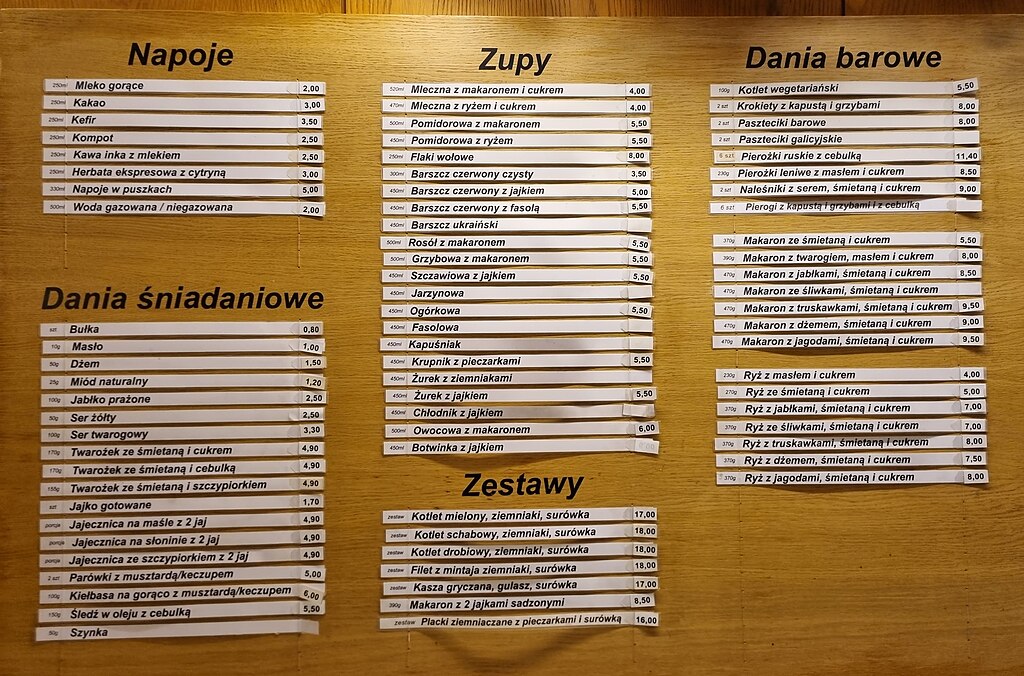 la carta de un bar mleczny